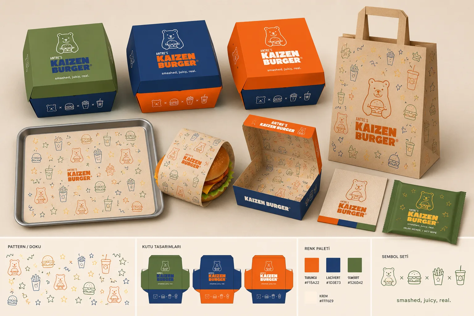 Kaizen Burger ambalaj seti: burger kutuları, kraft çanta, burger ve tepsi kâğıdı, ıslak mendil