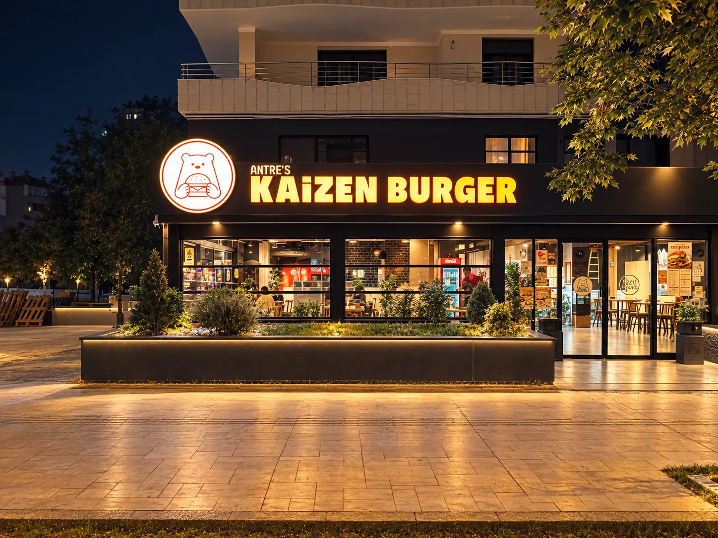 Kaizen Burger mekânı: ışıklı tabela ve cephe